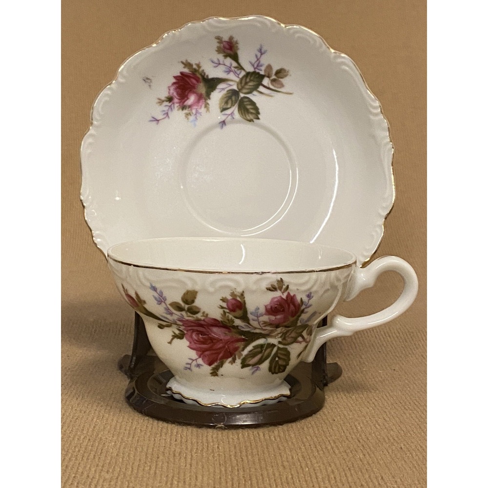 White Ceramic Tea Cup & Saucer Pink Roses W/Gold Rims 5 Oz Capacity PreOwned